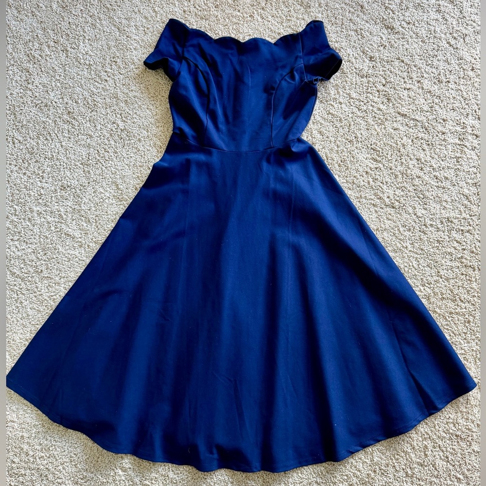 Modcloth Navy Blue Off-Shoulder Scalloped Dress Size Medium - Picture 6 of 9